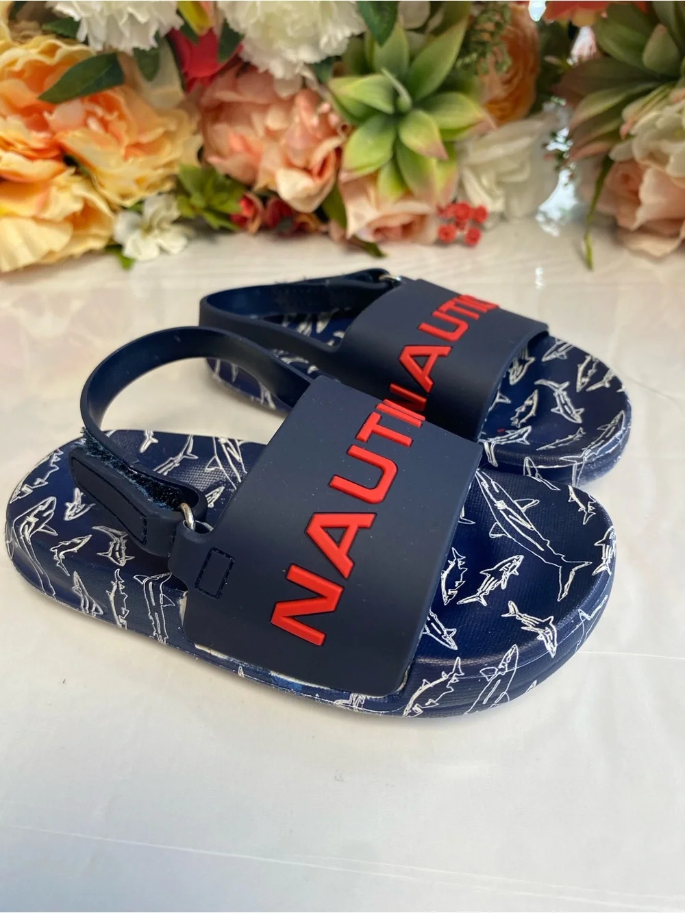Nautica Boys Shark Print Logo Slingback Water Sandals Navy Red Size 7